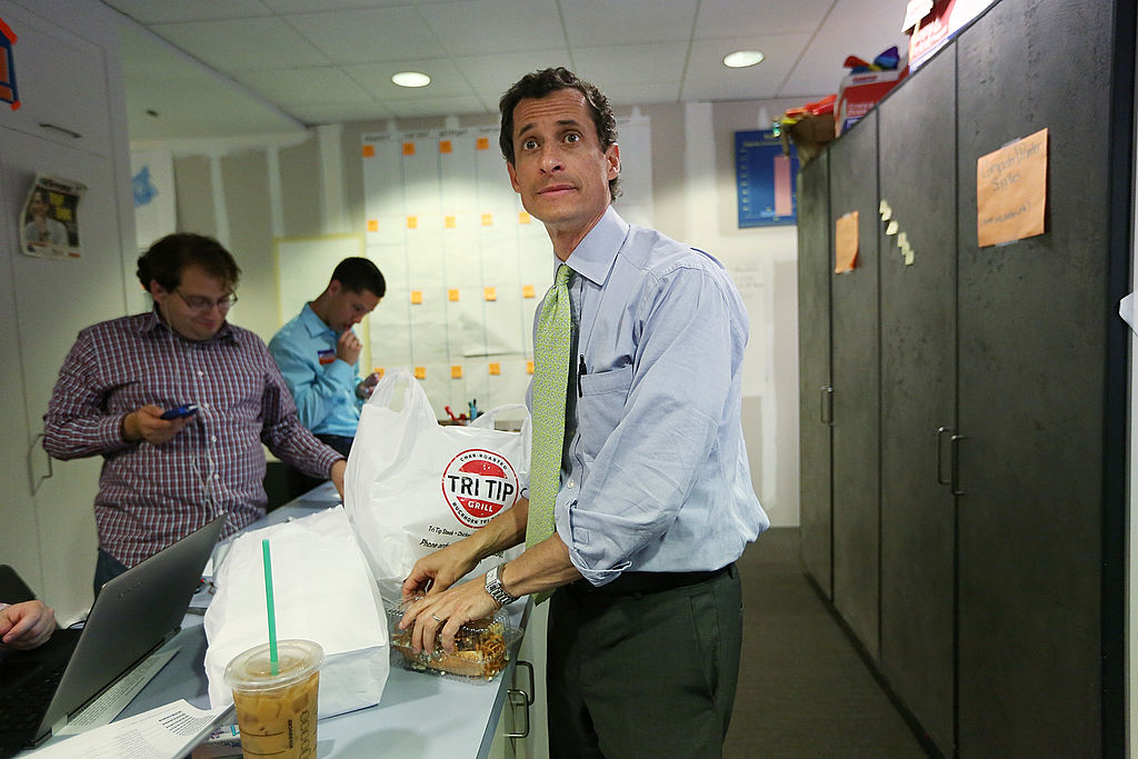 Anthony Weiner prepares to eat a sandwich during a break from working the phone bank at his New York mayoral campaign headquarters on September 9, 2013 (Getty Images)