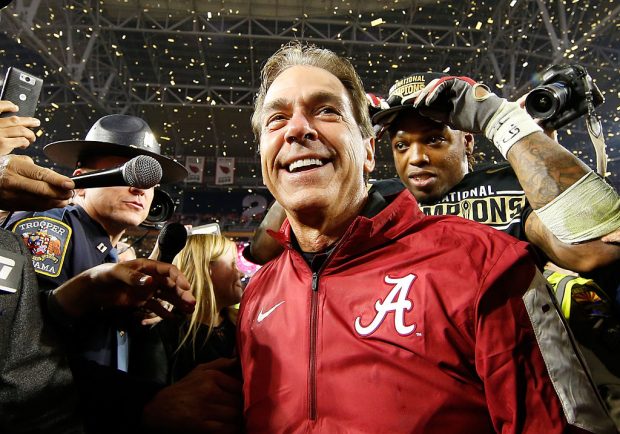 Nick Saban of the Alabama Crimson Tide celebrates after defeating the Clemson Tigers in the 2016 College Football Playoff National Championship. (Photo by Christian Petersen/Getty Images)