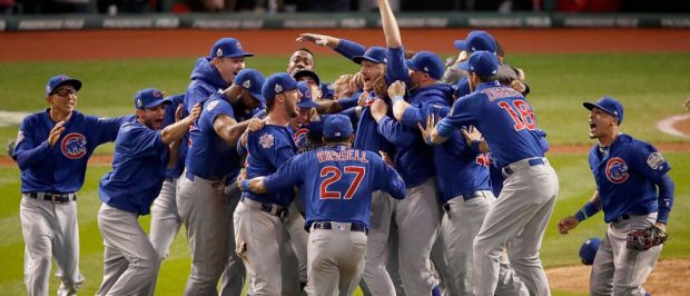 The Chicago Cubs celebrate after defeating the Cleveland Indians 8-7 in Game Seven of the 2016 World Series at Progressive Field on November 2, 2016 in Cleveland, Ohio. The Cubs win their first World Series in 108 years. (Photo by Gregory Shamus/Getty Images)