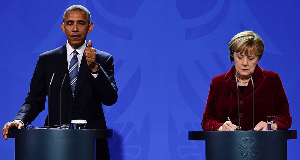 Barack Obama and Angela Merkel speak at a joint press conference in Berlin (Getty Images)