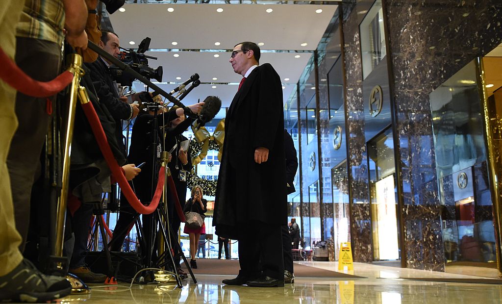 Steve Mnuchin speaks to reporters at Trump Tower in New York City (Getty Images)
