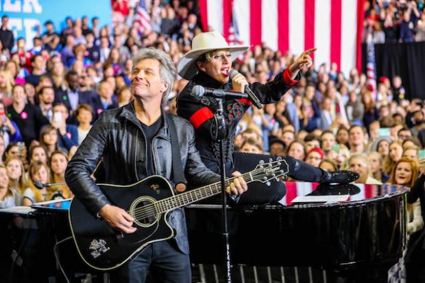 Music Artists Lady Gaga and Jon Bon Jovi campaign for Hillary Clinton at Reynolds Coliseum in Raleigh, North Carolina. Hillary Clinton held her final rally in the swing state of North Carolina. <P> Pictured: Lady Gaga and Jon Bon Jovi <B>Ref: SPL1389228 071116 </B><BR /> Picture by: Andy Martin Jr. / ZUMA Press / Splash News