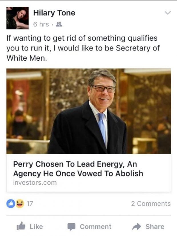 Hilary Tone of DCPS joking on Facebook about abolishing white men.. [Facebook screengrab]