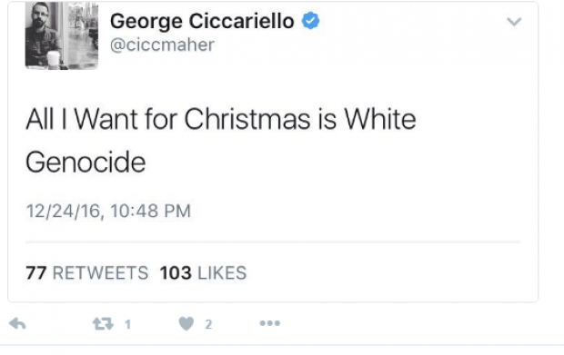George Ciccariello white genocide tweet. [Screengrab]