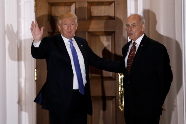 U.S. President-elect Donald Trump appears with retired Marine Corps General John Kelly outside the main clubhouse after their meeting at Trump National Golf Club in Bedminster, New Jersey, U.S., November 20, 2016. REUTERS/Mike Segar/File Photo