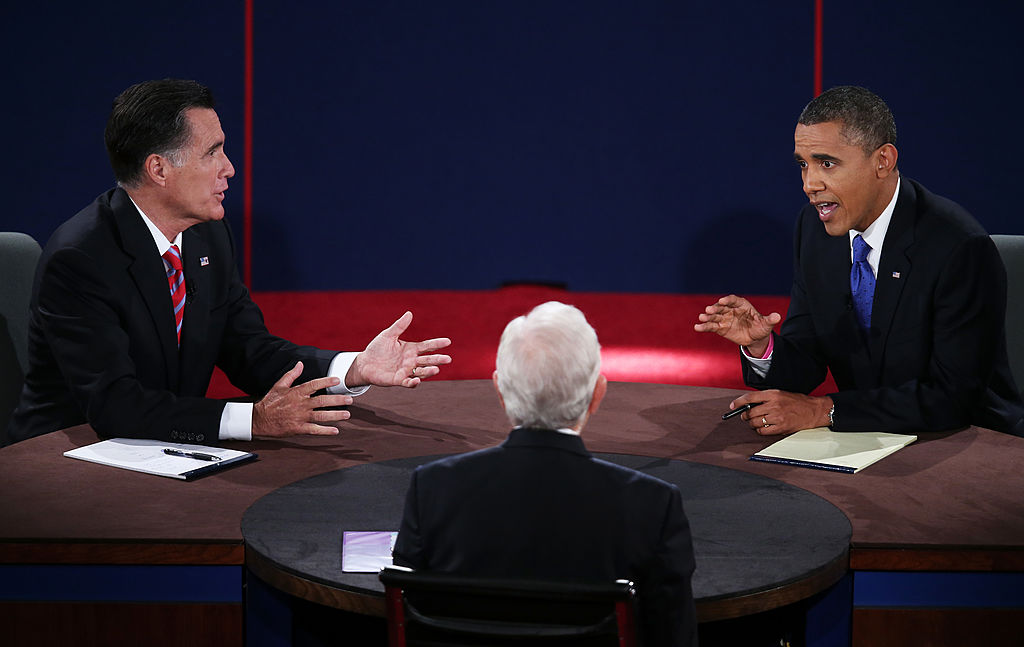 Mitt Romney and Barack Obama square off in a 2012 presidential debate (Getty Images)
