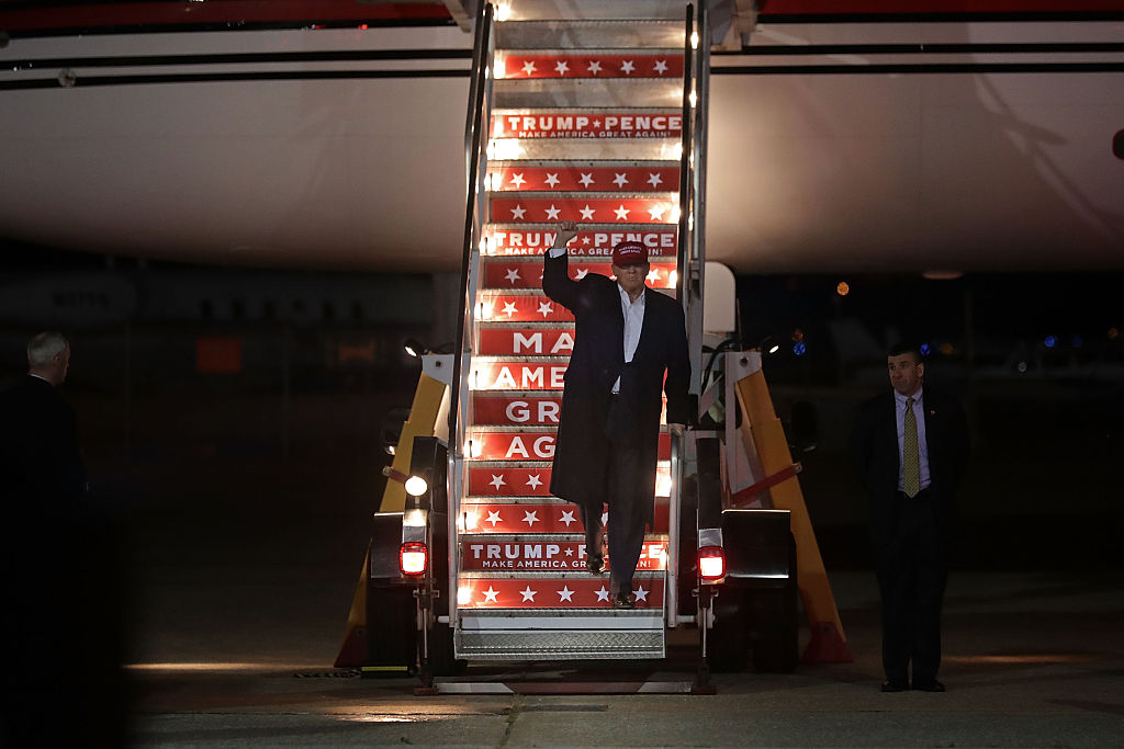 Republican presidential nominee Donald Trump steps off of his airplane after arriving for a campaign rally at Pittsburgh International Airport November 6, 2016 in Moon Township, Pennsylvania. With less than 48 hours until Election Day in the United States, Trump and his opponent, Democratic presidential nominee Hillary Clinton, are campaigning in key battleground states that each must win to take the White House. (Photo by Chip Somodevilla/Getty Images)