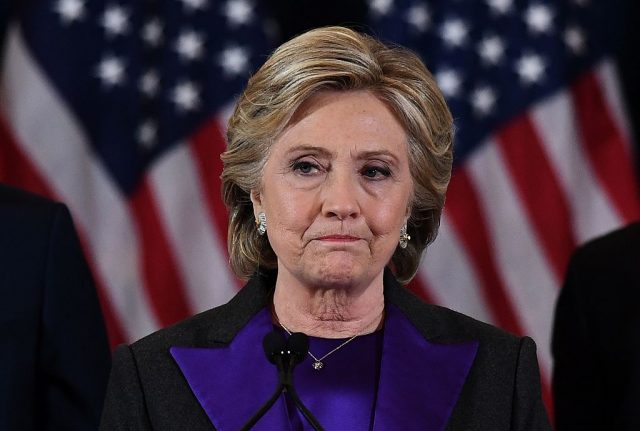 Democratic presidential candidate Hillary Clinton makes a concession speech after being defeated by Republican president-elect Donald Trump in New York on November 9, 2016. (JEWEL SAMAD/AFP/Getty Images)