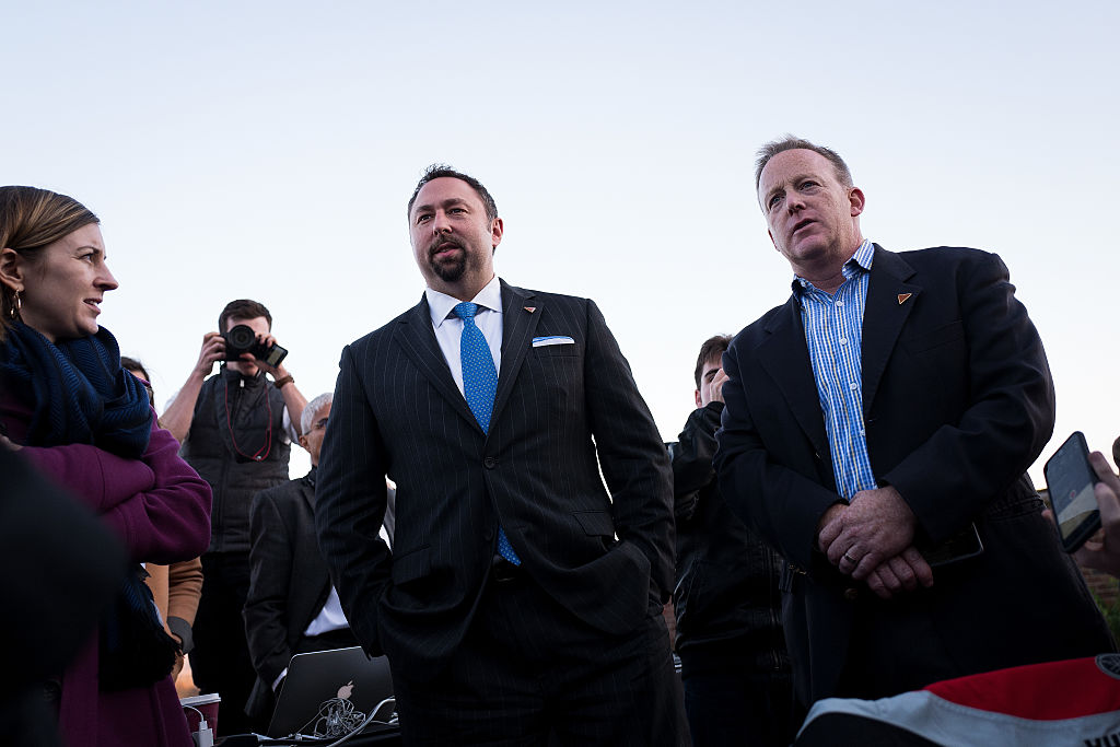 Jason Miller and Sean Spicer brief reporters at Trump International Golf Club on November 19, 2016 (Getty Images)