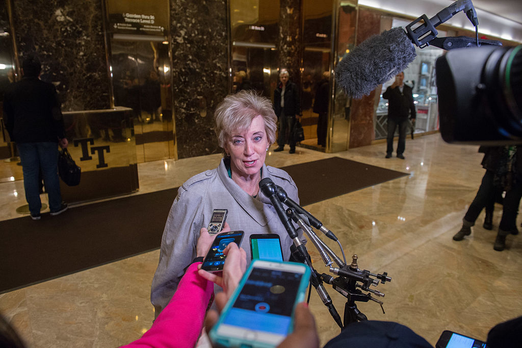 Linda McMahon speaks to the media at Trump Tower on November 30, 2016 (Getty Images)