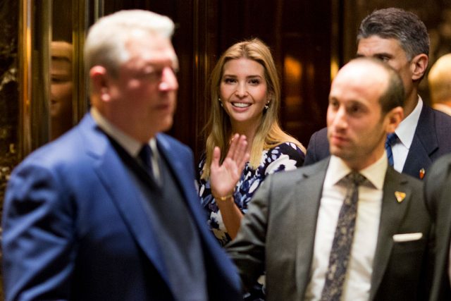 Ivanka Trump waves from the elevator as former Vice President Al Gore (L) leaves meetings at Trump Tower in New York City on December 5, 2016. (DOMINICK REUTER/AFP/Getty Images)