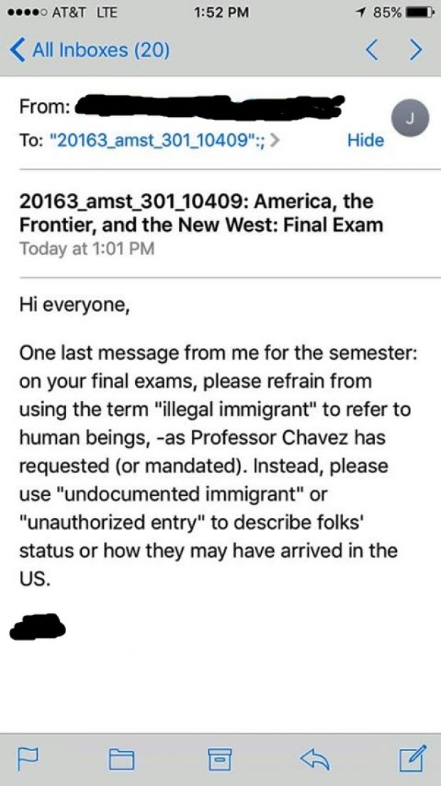 A message from a USC TA warning students not to use 'illegal immigrant' in their paper.