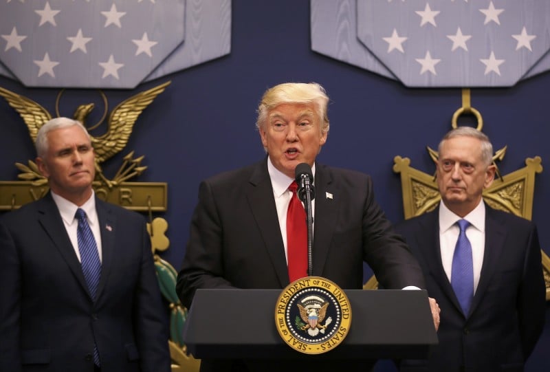 U.S. President Trump speaks at swearing-in ceremony for Defense Secretary Mattis at the Pentagon in Washington