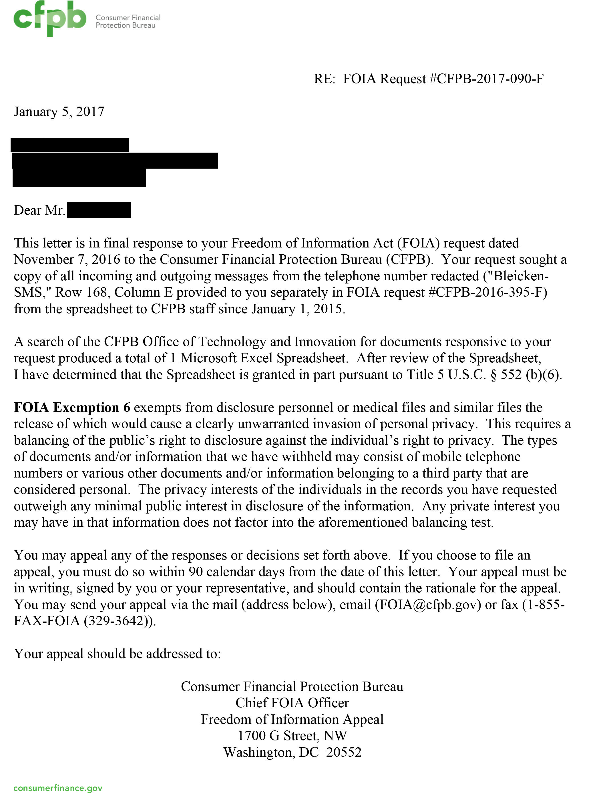 Letter in response to FOIA request, releasing texts and voicemails to and from CFPB staffers to and from Richard Cordray's private line, provided via a source.