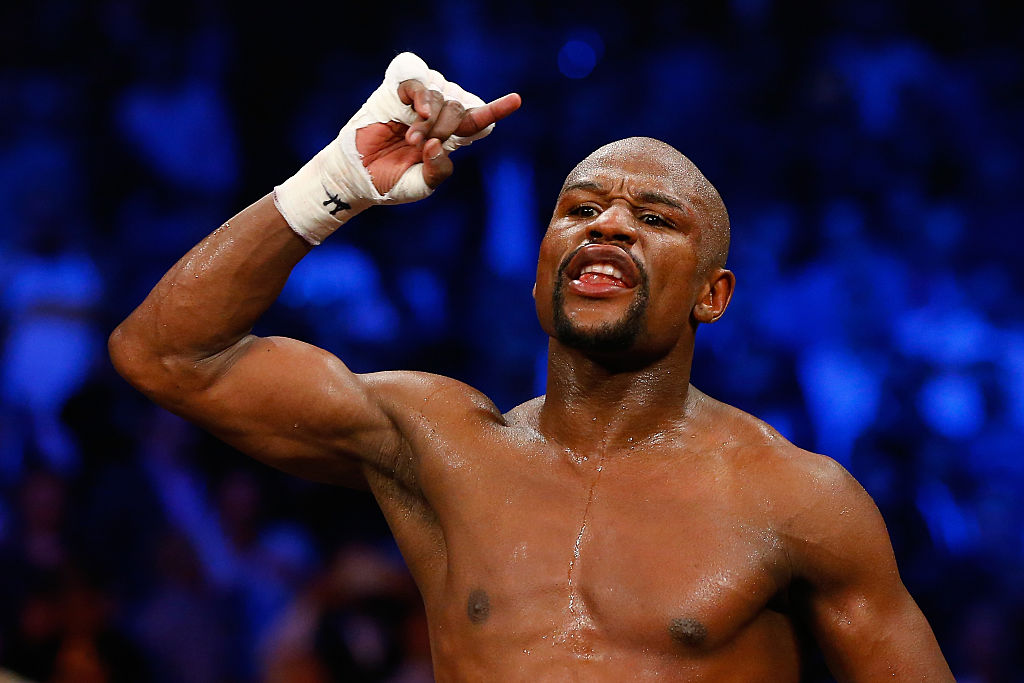Floyd Mayweather Jr. reacts after the welterweight unification championship bout on May 2, 2015 at MGM Grand Garden Arena in Las Vegas. (Photo by Al Bello/Getty Images)