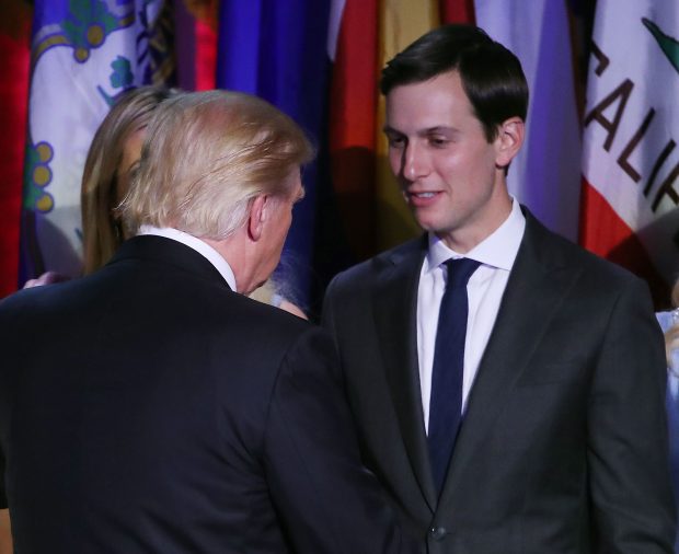 NEW YORK, NY - NOVEMBER 08: President-elect Donald Trump embraces son in law Jared Kushner,(R), after his acceptance speech at the New York Hilton Midtown in the early morning hours of November 9, 2016 in New York City. Donald Trump defeated Democratic presidential nominee Hillary Clinton to become the 45th president of the United States. (Photo by Mark Wilson/Getty Images)