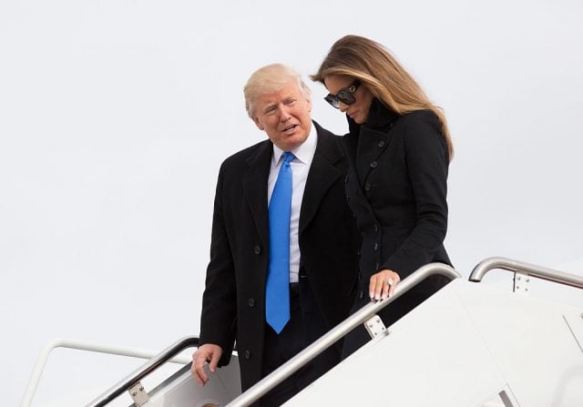 President-elect of The United States Donald J. Trump and first Lady-elect Melania Trump arrive at Joint Base Andrews the day before his swearing in January 19, 2017 in Maryland. (Photo by Chris Kleponis-Pool/Getty Images)