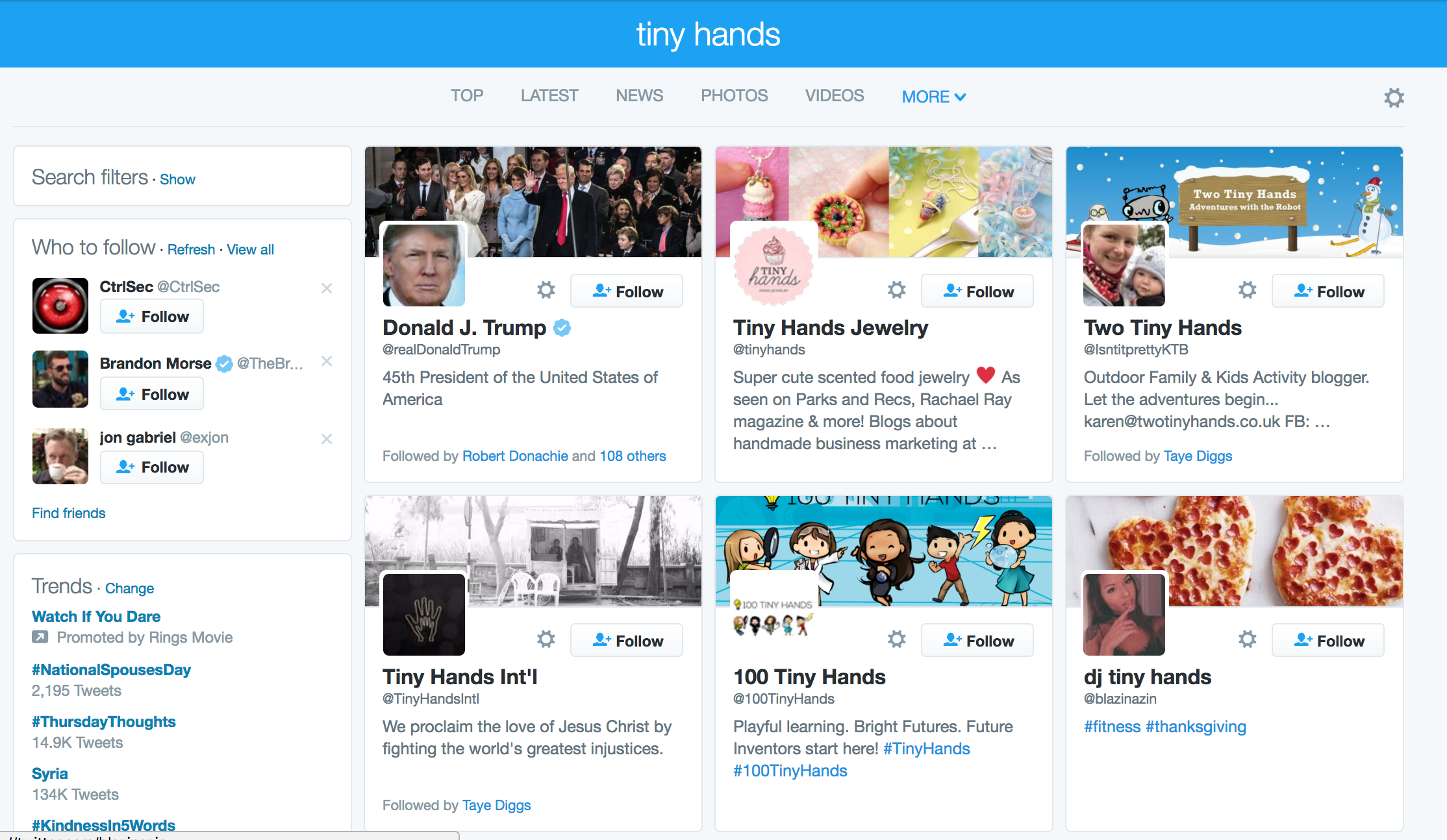 [Twitter/Screenshot] - Search for "tiny hands" suggests Donald Trump's official account.