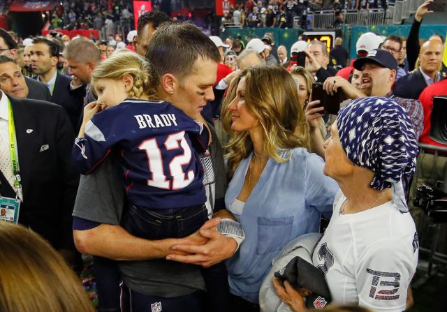 Tom Brady #12 of the New England Patriots celebrates with wife Gisele Bundchen and daughter Vivian Brady after defeating the Atlanta Falcons during Super Bowl 51 at NRG Stadium on February 5, 2017 in Houston, Texas. The Patriots defeated the Falcons 34-28. (Photo by Kevin C. Cox/Getty Images)