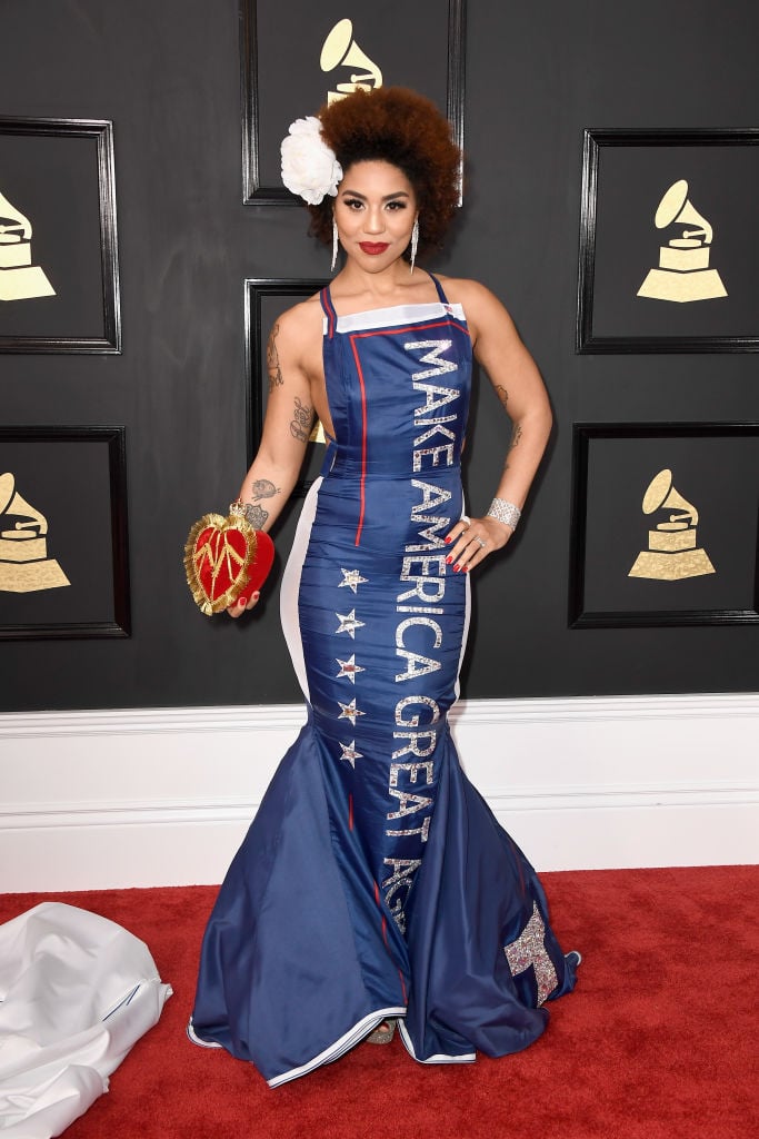 Singer Joy Villa arrives at the Grammys in a "Make America Great Again" dress (Photo credit: Getty Images)