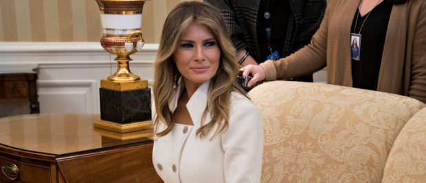 WASHINGTON, D.C. - FEBRUARY 15: (AFP OUT) U.S. first lady Melania sits in the Oval Office during a meeting between President Donald Trump and Israeli Prime Minister Benjamin Netanyahu at the White House on February 15, 2017 in Washington, D.C. Netanyahu is trying to recalibrate ties with the new U.S. administration after eight years of high-profile clashes with former President Barack Obama, in part over Israel's policies toward the Palestinians. (Photo by Andrew Harrer-Pool/Getty Images)