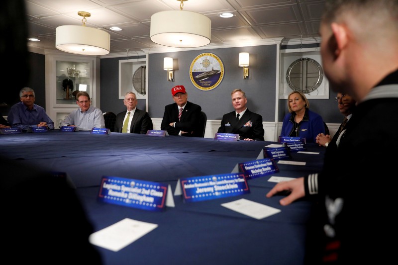 FILE PHOTO - U.S. President Donald Trump (C, in red hat) and Defense Secretary James Mattis (3rd L) receive a briefing with Commanding Officer U.S. Navy Captain Rick McCormack (2nd R) and Susan Ford Bales (R) aboard the pre-commissioned U.S. Navy aircraft carrier Gerald R. Ford at Huntington Ingalls Newport News Shipbuilding facilities in Newport News, Virginia, U.S. on March 2, 2017. REUTERS/Jonathan Ernst/File Photo