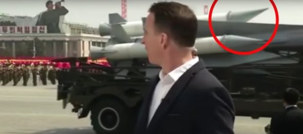 A North Korean rocket with a "bent nose cone" (Youtube screenshot)