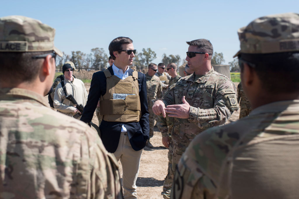 QAYYARAH WEST, IRAQ - APRIL 04: In this handout provided by the Department of Defense (DoD), Jared Kushner, Senior Advisor to President Donald J. Trump, meets with service members at a forward operating base near Qayyarah West in Iraq, April 4, 2017. (Photo by Dominique A. Pineiro/DoD via Getty Images)