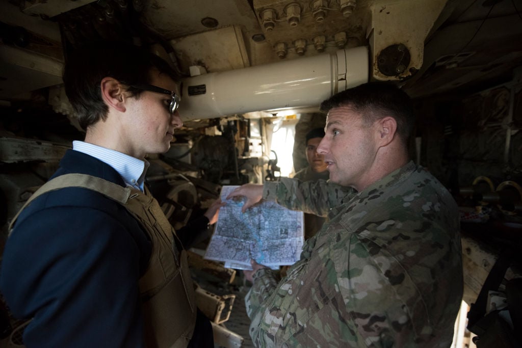 QAYYARAH WEST, IRAQ - APRIL 04: In this handout provided by the Department of Defense (DoD), Jared Kushner, Senior Advisor to President Donald J. Trump meets with Service Members at a forward operating base near Qayyarah West in Iraq, April 4, 2017. (Photo by Dominique A. Pineiro/DoD via Getty Images)
