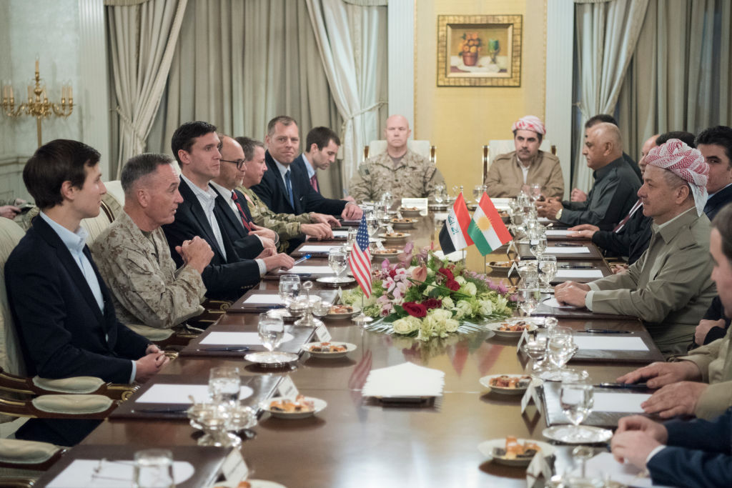 ERBIL, IRAQ - APRIL 04: In this handout provided by the Department of Defense (DoD), Jared Kushner, Senior Advisor to President Donald J. Trump, Marine Corps Gen. Joseph F. Dunford Jr., chairman of the Joint Chiefs of Staff, Tom Bossert, the president's homeland security advisor, and Douglas A. Silliman, U.S. Ambassador to the Republic of Iraq, and Lt. Gen. Stephen J. Townsend, commander, Combined Joint Task Force --Operation Inherent Resolve, meet with the President of Iraqi Kurdistan Masoud Barzan near Erbil, Iraq, April 4, 2017. (Photo by Dominique A. Pineiro/DoD via Getty Images)