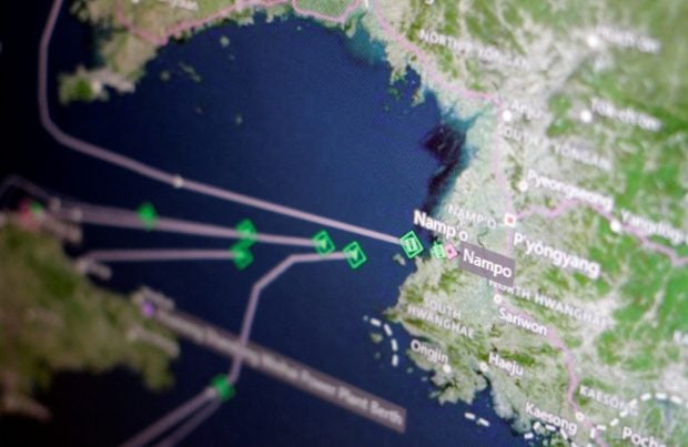 A Thomson Reuters Eikon ship-tracking screen shows cargo ships returning to Nampo port in North Korea April 11, 2017. REUTERS/Thomas White/Illustration