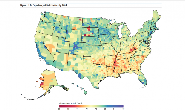 Life expectancy in the U.S. by county (Image: The Institute for Health Metrics and Evaluation (IHME) at the University of Washington/Used with permission)