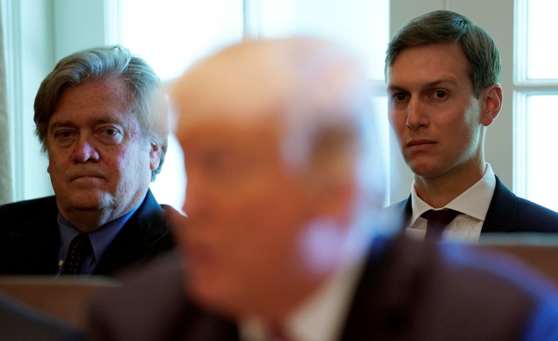 Trump advisers Steve Bannon (back L) and Jared Kushner (back R) listen as U.S. President Donald Trump meets with members of his Cabinet at the White House in Washington, U.S., June 12, 2017. REUTERS/Kevin Lamarque