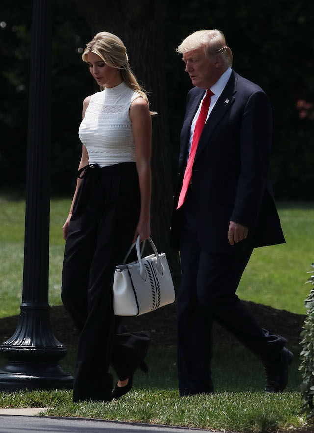WASHINGTON, DC - JUNE 13: U.S. President Donald Trump and daughter Ivanka Trump walk toward Marine One before departing from the White House on June 13, 2017 in Washington, DC. President Trump is traveling to Milwaukee, Wisconsin. Trump will visit Waukesha County Technical College and also appear at a political fundraiser. (Photo by Mark Wilson/Getty Images)