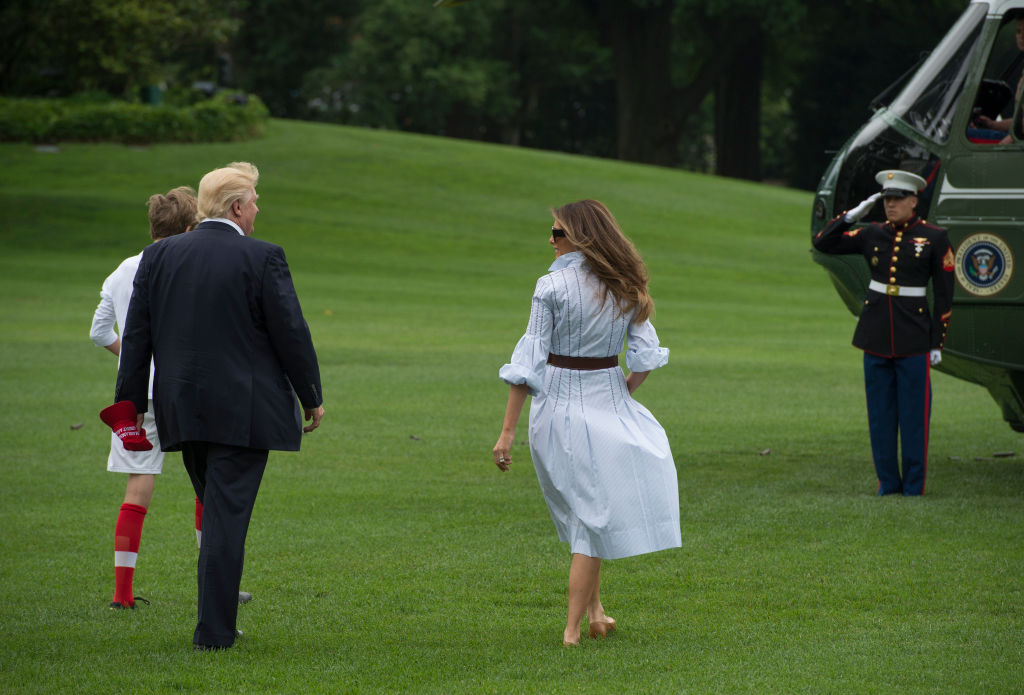 WASHINGTON, DC - JUNE 17: (AFP OUT) U.S. President Donald J. Trump walks to Marine One with first lady Melania Trump and their son Barron Trump, as they depart the White House for Camp David, June 17, 2017 in Washington, DC. (Photo by Molly Riley -Pool/Getty Images