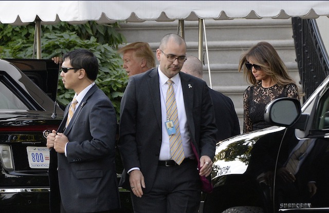 WASHINGTON, DC - JUNE 20: President Donald Trump and first lady Melania Trump depart the White House en route to the Naval Observatory for dinner with Vice President Mike Pence and Mrs. Karen Pence in Washington, DC, on June 20, 2017. ( Photo by Olivier Douliery-Pool/Getty Images)