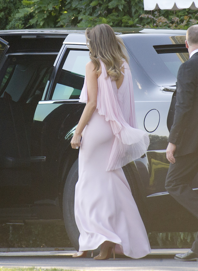 WASHINGTON, DC - JUNE 24: United States President Donald J. Trump and first lady Melania Trump depart the White House in Washington, DC on June 24, 2017. The Trumps left to attend the wedding of US Secretary of the Treasury Steven Mnuchin and Louise Linton. The first lady is wearing a Gilles Mendel silk chiffon gown with Manolo Blahnik pumps. ( Photo by Ron Sachs-pool/Getty Images)
