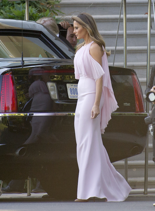 WASHINGTON, DC - JUNE 24: United States President Donald J. Trump and first lady Melania Trump depart the White House in Washington, DC on June 24, 2017. The Trumps left to attend the wedding of US Secretary of the Treasury Steven Mnuchin and Louise Linton. The first lady is wearing a Gilles Mendel silk chiffon gown with Manolo Blahnik pumps. ( Photo by Ron Sachs-pool/Getty Images)