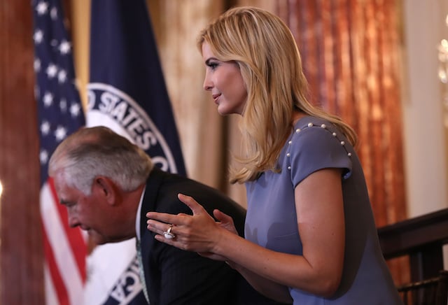 WASHINGTON, DC - JUNE 27: Ivanka Trump (R) and Secretary of State Rex Tillerson (L) participate in a 2017 Trafficking in Persons Report ceremony at the U.S. State Department June 27, 2017 in Washington, DC. The ceremony honored eight men and women from around the world whose efforts have made a lasting impact on the fight against modern slavery. (Photo by Win McNamee/Getty Images)
