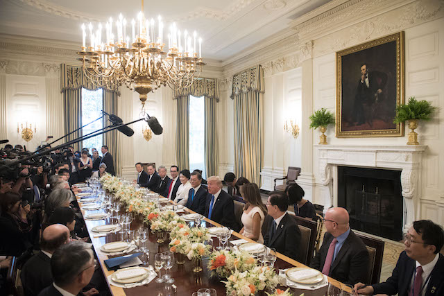 WASHINGTON, D.C. - JUNE 29: (AFP-OUT) U.S. President Donald Trump and South Korean President Moon Jae-in address the media prior to dinner with first lady Melania Trump, Moon's wife Kim Jeong-suk and members of their delegations, in the State Dinning Room at the White House June 29, 2017 in Washington, D.C. (Photo by Kevin Dietsch-Pool/Getty Images)