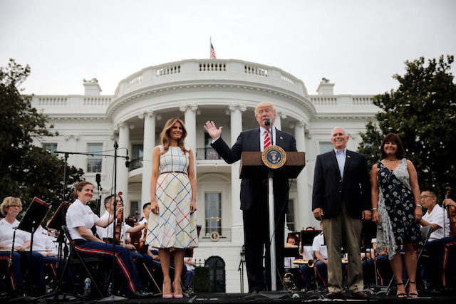 U.S. President Donald Trump delivers remarks as he hosts a Congressional picnic event, accompanied by First Lady Melania Trump, Vice President Mike Pence and his wife Karen at the White House in Washington, U.S., June 22, 2017. REUTERS/Carlos Barria - RTS18A90