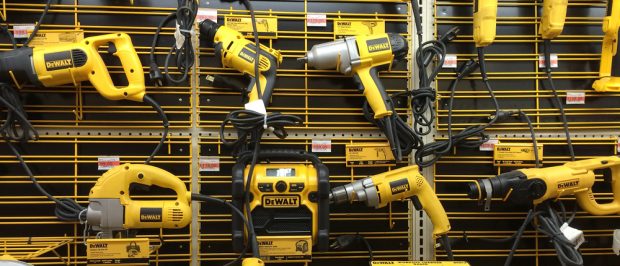 RIVER FALLS,WISCONSIN-AUGUST 24,2015: A display of numerous DeWALT power tools. DeWALT is headquartered in Baltimore,Maryland. (Photo via Shutterstock)