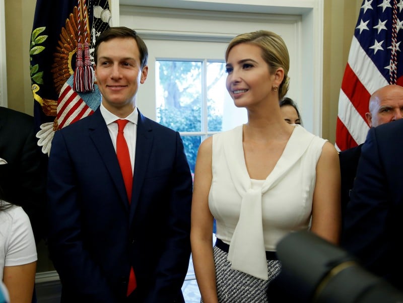 White House Senior Adviser Jared Kushner and Ivanka Trump stand together after John Kelly was sworn in as White House Chief of Staff in the Oval Office of the White House in Washington, U.S., July 31, 2017. REUTERS/Joshua Roberts