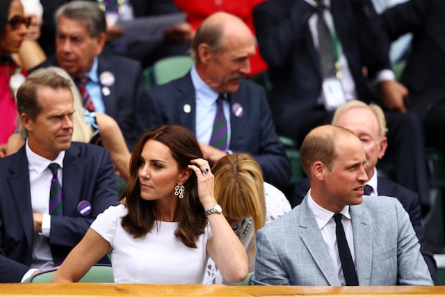 LONDON, ENGLAND - JULY 16: Prince William, Duke of Cambridge and Catherine, Duchess of Cambridge look on from the centre court royal box prior to the Gentlemen's Singles final between Roger Federer of Switzerland and Marin Cilic of Croatia on day thirteen of the Wimbledon Lawn Tennis Championships at the All England Lawn Tennis and Croquet Club at Wimbledon on July 16, 2017 in London, England. (Photo by Clive Brunskill/Getty Images)