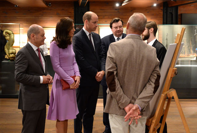 Britain's Prince William, Duke of Cambridge (3rdL) and his wife Kate, the Duchess of Cambridge, visit the International Maritime Museum with Hamburg Mayor Olaf Scholz (L) and museum director Peter Tamm (3rdR) in Hamburg, northern Germany, on July 21, 2017. The British royal couple are on the last stage of their three-day visit to Germany. / AFP PHOTO / POOL / Daniel Bockwoldt (Photo credit should read DANIEL BOCKWOLDT/AFP/Getty Images)