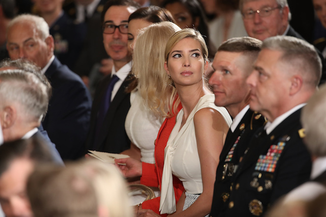 WASHINGTON, DC - JULY 31: Ivanka Trump (C), an advisor to her father U.S. President Donald Trump, attends a ceremony where Trump presented the Medal of Honor to former Army Specialist James McCloughan of South Haven, Michigan, during an East Room ceremony at the White House July 31, 2017 in Washington, DC. McCloughan is awarded with the medal for his heroic acts as a combat medic during the Vietnam War. (Photo by Win McNamee/Getty Images)