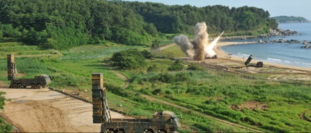 United States and South Korean troops utilizing the Army Tactical Missile System (ATACMS) and the South Korea's Hyunmoo Missile II, fire missiles into the waters of the East Sea, off South Korea, July 5, 2017. 8th United States Army/Handout via REUTERS