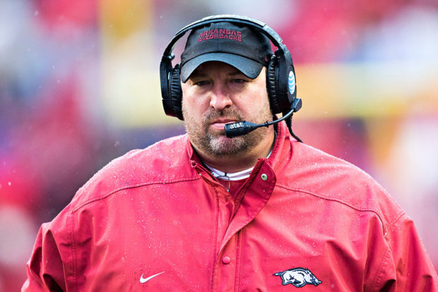 FAYETTEVILLE, AR - NOVEMBER 27: Head Coach Bret Bielema of the Arkansas Razorbacks on the sidelines during a game against the Missouri Tigers at Razorback Stadium Stadium on November 27, 2015 in Fayetteville, Arkansas. The Razorbacks defeated the Tigers 28-3. (Photo by Wesley Hitt/Getty Images)