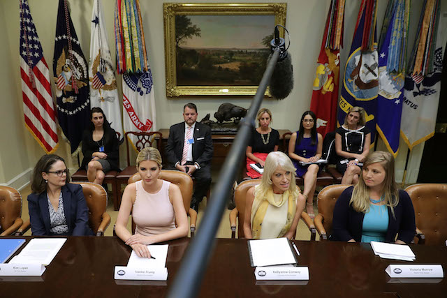 WASHINGTON, DC - AUGUST 02: Assistant to the President and Donlad Trump's daughter Ivanka Trump (2nd L) and Counselor to the President Kellyanne Conway (3rd L) host a listening session with military spouses in the Rooselvelt Room at the White House August 2, 2017 in Washington, DC. The military spouses said the choose professions that they can practice no matter where their partners are stationed but that licencing and certification continues to be a challenge when moving to a new post. (Photo by Chip Somodevilla/Getty Images)