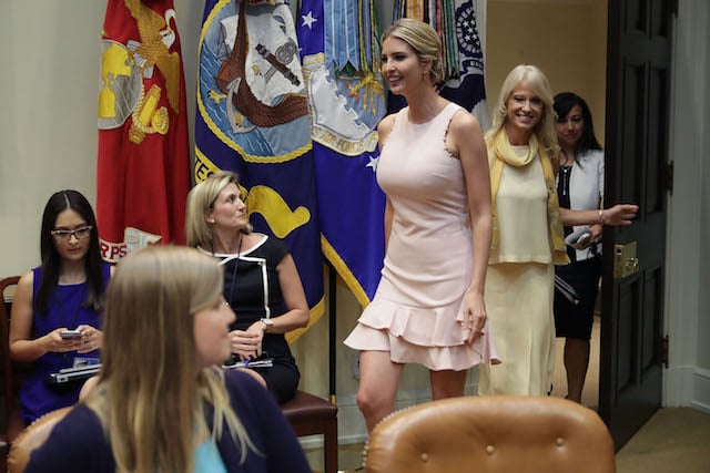 WASHINGTON, DC - AUGUST 02: Assistant to the President and Donlad Trump's daughter Ivanka Trump and Counselor to the President Kellyanne Conway (2nd R) arrive for a listening session with military spouses in the Roosevelt Room at the White House August 2, 2017 in Washington, DC. The military spouses said the choose professions that they can practice no matter where their partners are stationed but that licencing and certification continues to be a challenge when moving to a new post. (Photo by Chip Somodevilla/Getty Images)